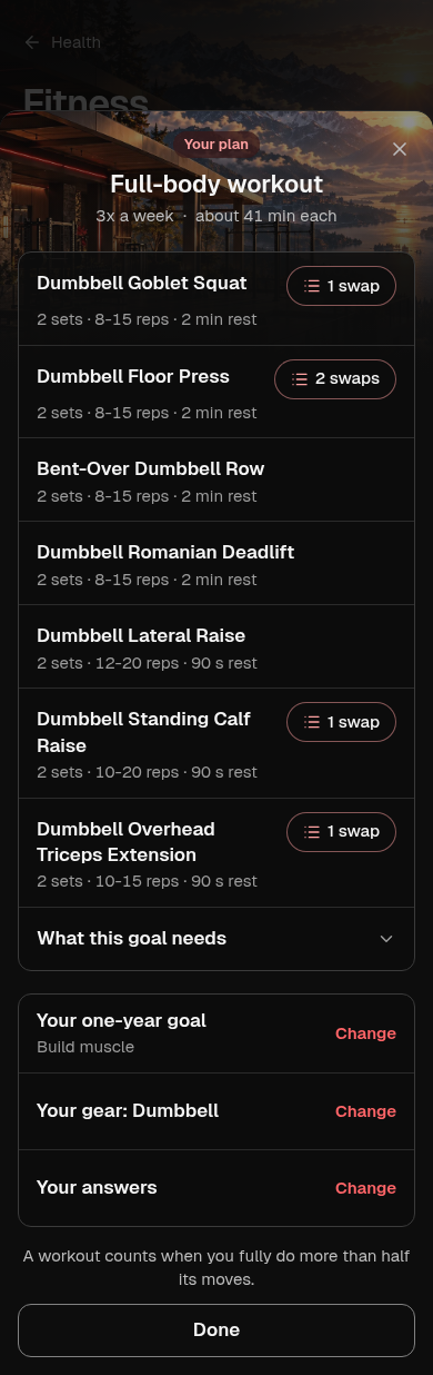 Alpha example Fitness plan using dumbbells, with exercises and workout guidance.