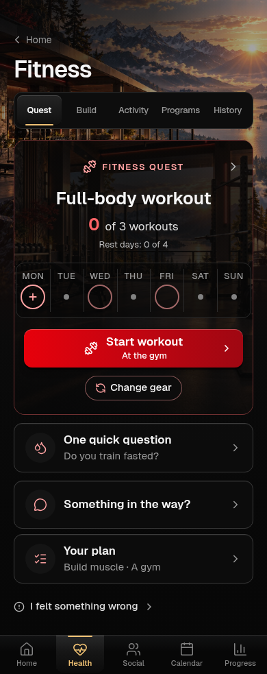 Alpha example Fitness quest: full-body workout, zero of three workouts this week, and Start workout.