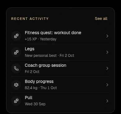 Recent Activity: a Fitness quest, personal best, coach session, body progress and workout. Invented example player data.