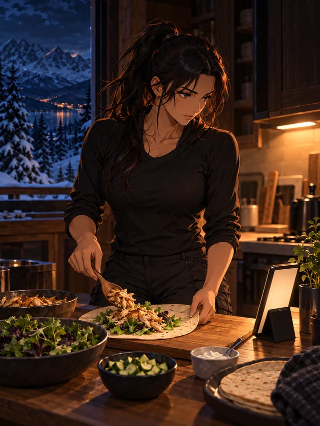 The dark-haired player prepares a rotisserie chicken wrap and greens, with her phone standing on the kitchen table.