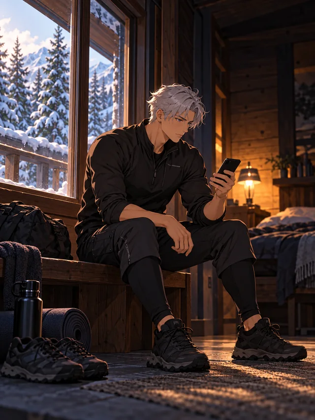 The silver-haired player checks his phone beside a winter cabin window, ready to head out.