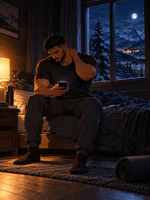 The bearded player stretches his neck on the edge of his bed and checks his phone before turning in.