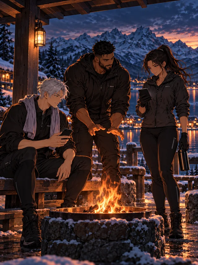 The three players share a warm shelter fire in the snowy mountains, two checking their phones together.