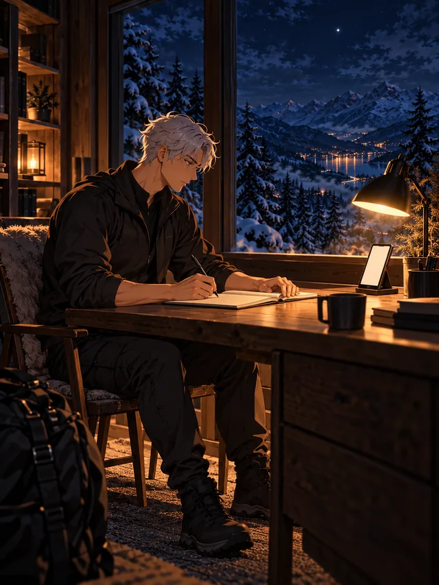 The silver-haired player reflects with a journal and phone by a night window beneath the North Star.