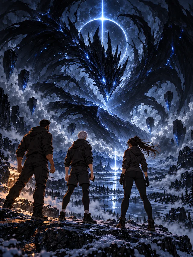 The three players face a towering dark crystalline dragon beneath an icy blue halo in a winter mountain pass. Seasonal concept artwork.